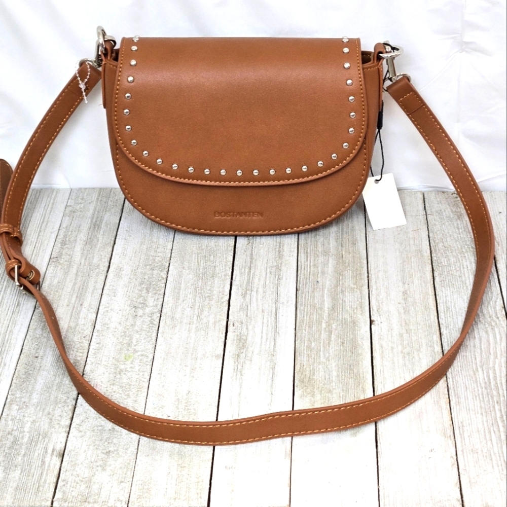 NWT Bostanten Faux Leather Crossbody Shoulder Adj Strap Stud Mini Saddle Bag
